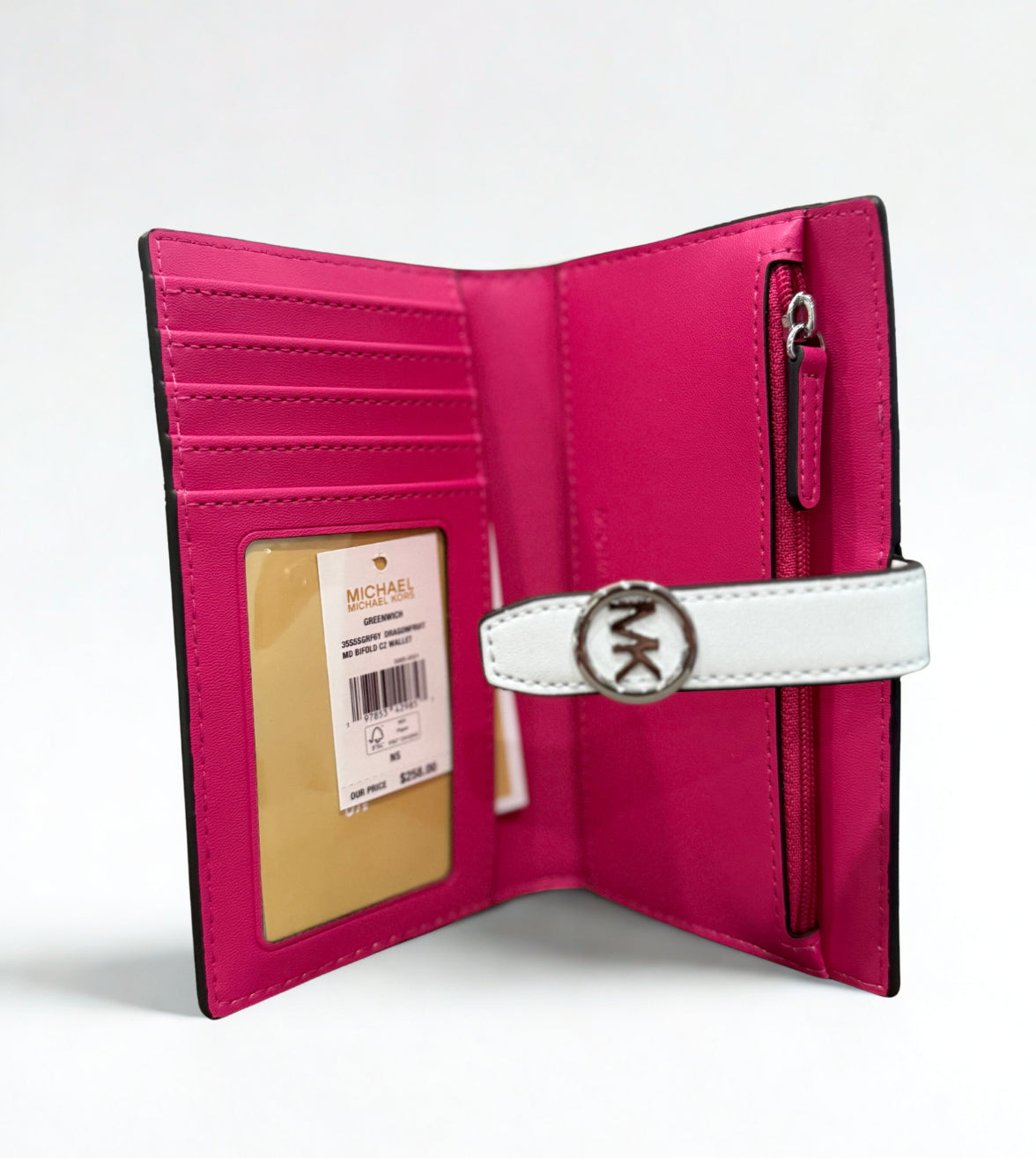 Michael Kors Greenwich Medium Bifold Wallet – Dragonfruit Pink MK Logo with Zip Pocket