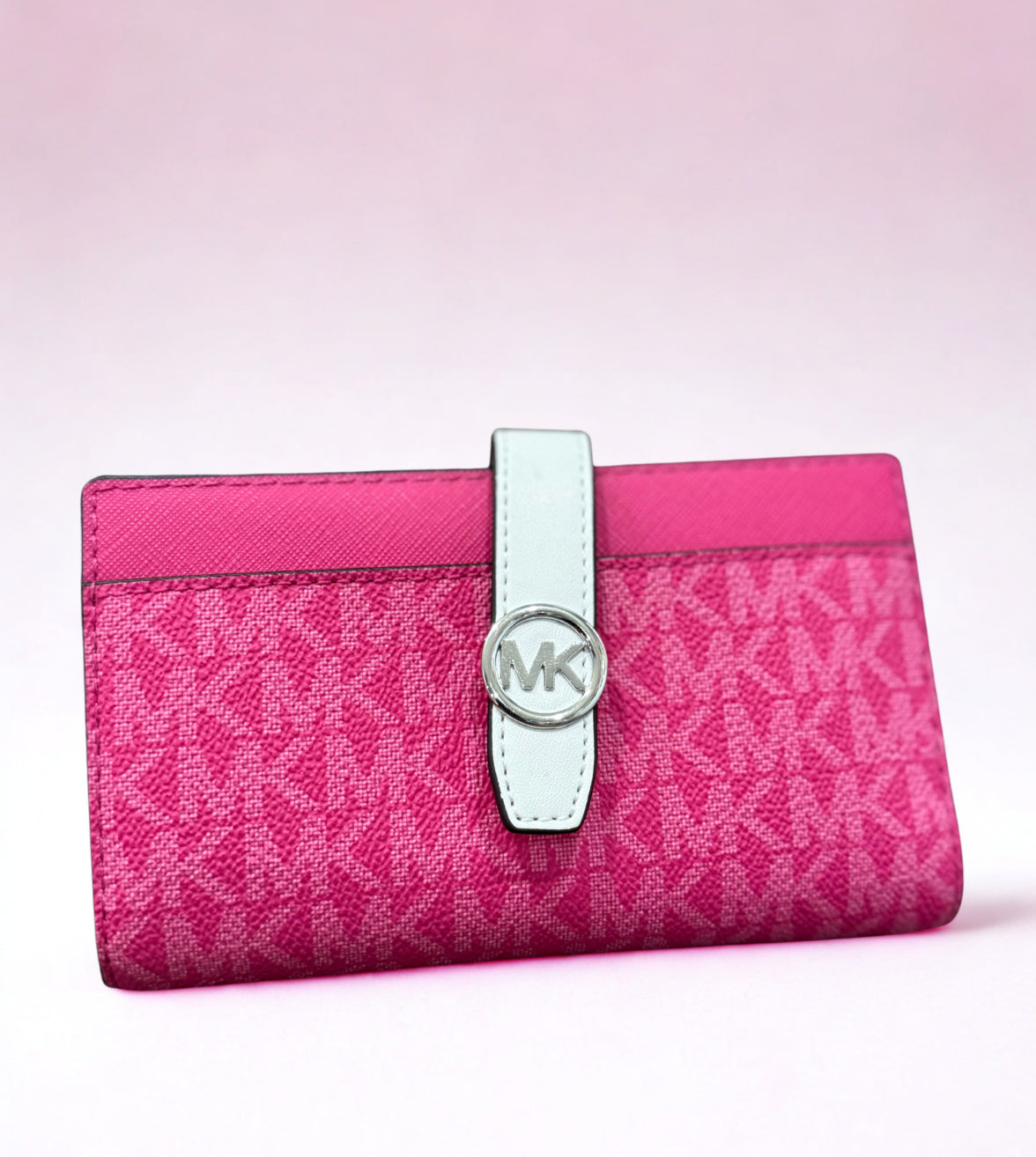 Michael Kors Greenwich Medium Bifold Wallet – Dragonfruit Pink MK Logo with Zip Pocket