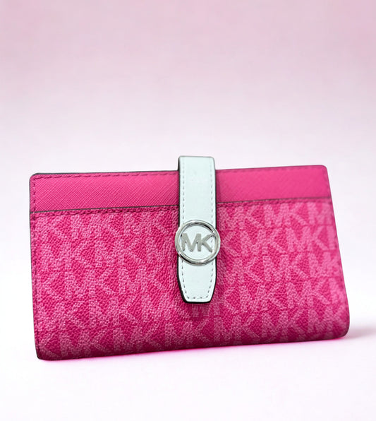 Michael Kors Greenwich Medium Bifold Wallet – Dragonfruit Pink MK Logo with Zip Pocket